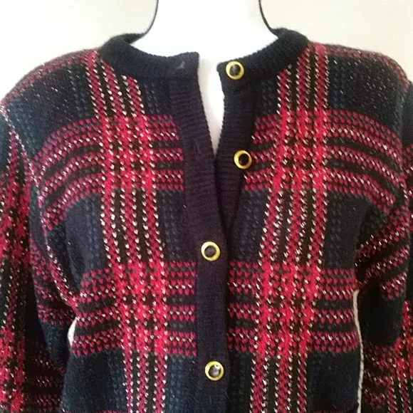 Just for Petites Plaid Chain Link Cardigan Sweater PM Black Red - Picture 6 of 16